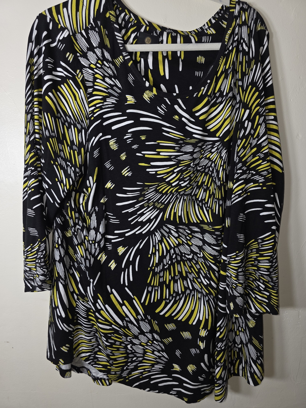 JM Collection Black Tunic with Yellow & White Abstract Swirl Print